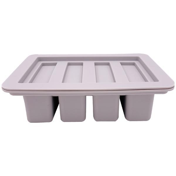 The Deal Society Gourmet Silicone Butter Mold has a rectangular tray with 4 deep cavities, a fitted lid, and is made of BPA-free, non-stick silicone for easy release.